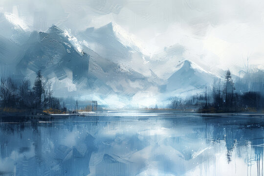 An artistic depiction of a serene winter landscape scene
