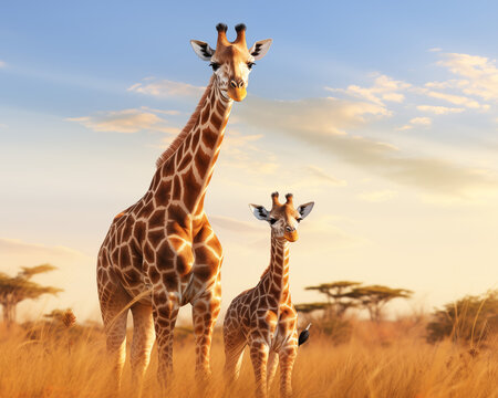 Giraffes and baby giraffes are ruminants. Their distinctive features are tall animals, long legs,
 long necks, and a pair of horns. Their bodies are yellow and dark brown with stripes. Africa