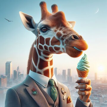 Giraffe Boss manager eating ice cream in office formals suit corporate employee giraffe success leadership role in office motivation winner giraffe office politics smiling animated animal poster