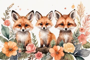 watercolor set of forest cartoon isolated cute baby fox