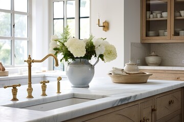 Fototapeta na wymiar Elegant Marble Island Kitchen with Farmhouse Sinks and Bohemian Decor