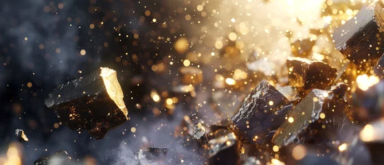 Poster Stone, shiny crystals.Textured background with exploding particles, golden elements, lights. explosion of rocks. Generative ai. © Inai