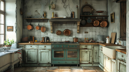 A farmhouse-style kitchen with a wood island, a white sink, a green stove, and some copper pots on the wall.