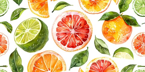 Repeated watercolor citrus fruits in a seamless pattern background design seamless background. Concept Watercolor Citrus Fruits, Seamless Pattern, Background Design - obrazy, fototapety, plakaty