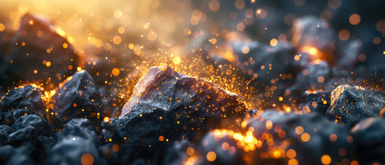 Stone, shiny crystals.Textured background with exploding particles, golden elements, lights. explosion of rocks. Generative ai. - obrazy, fototapety, plakaty