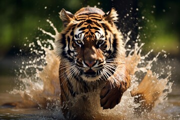 Fototapeta na wymiar Tiger in the river, Tiger walking in water with water splash, Tiger in water. Dynamic Siberian Tiger Water bound Power in Motion.