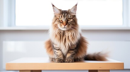 A large adult brown Maine Coon cat sits on a light wooden beech stool and looks into the frame, on space for copying