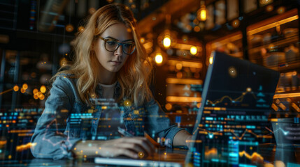 A focused young woman works intently on a laptop in a futuristic office setting with digital graphs overlaying the scene, suggesting data analysis, financial work, or programming.