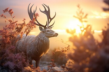 Deer in the woods, Deer Standing In the Morning at Sunrise in the Jungle.