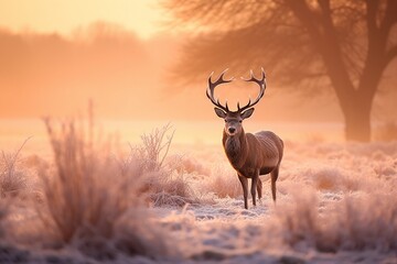 Deer in the field, Deer Herding at Sunrise, Deer in the Forest, Deer Fog Wood Sunrise