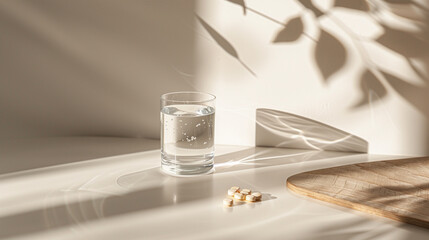 glass of water and pill on a wooden table with warm lighting, healthcare and wellness concept