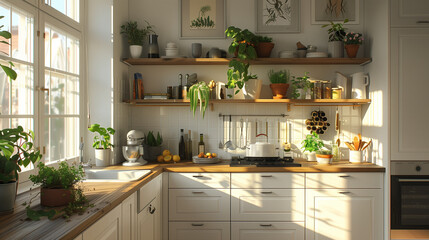 A Scandinavian-style kitchen with white cabinets, a wood countertop, a black stove, and some plants...