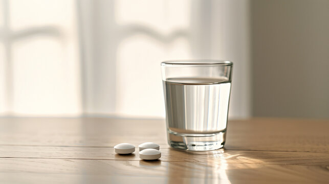 glass of water and pill on a wooden table with warm lighting, healthcare and wellness concept