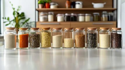 Glass jars filled with a variety of grains and spices lined up on a kitchen counter, showcasing an organized and healthy pantry with a blurred background of shelves stocked with more ingredients.