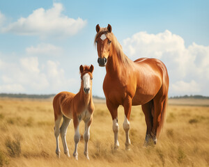 Fototapeta premium Horses and foals are one of two subspecies of Equus ferus, a large ungulate mammal in the family Equidae.