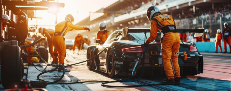 Team working at race pit stop place.
