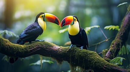 Two Toucan on a branch, Two toucan sitting on a branch, Two Toco Toucan Birds on the Branch.