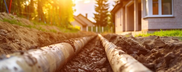 Sewage pipes instaling on the construction of a house