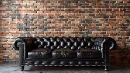 Sleek black leather sofa with chrome accents against a brick wall in a contemporary living room.