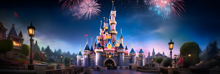 Naklejka premium Night-time Wonder and Enchantment: The Magical Atmosphere of Hong Kong Disneyland