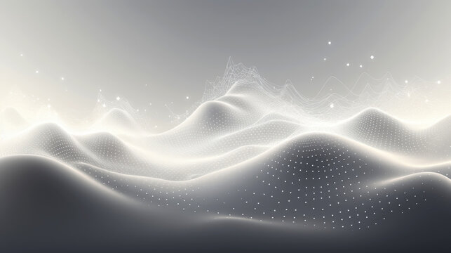 Abstract white particle background. Flow wave with dot landscape. Digital data structure. Ideal for backgrounds or abstract designs. Concept: A tranquil and mystical black and white landscape illumina