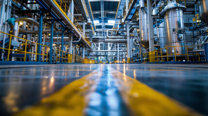 Low angle view of a modern industrial facility interior with metal structures, piping, and shiny equipment.