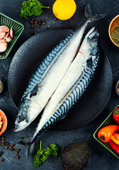 Fresh whole mackerel fish on the plate.