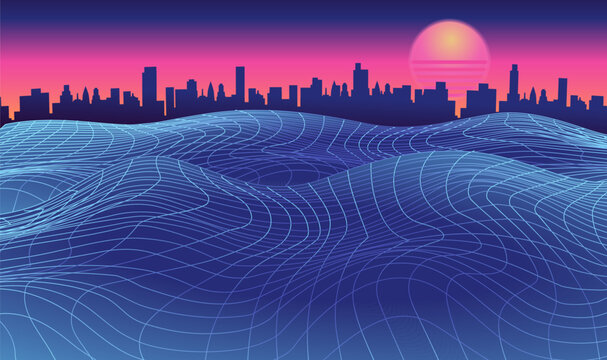 Digital retro city landscape cyber surface with sea waves grid. Retro cover template sunset, skyscrapers. Retro background futuristic landscape 1980s style at sea.