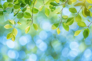 Green leaves with bokeh background. Copy space. Nature advertising material. 