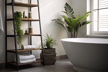 Sunny Window Industrial Minimalist Bathroom Inspirations with Metal Plant Stand
