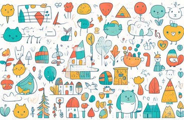 illustration of a seamless pattern with children's symbols. Vector drawing with stars, mill, balloons, trees. Used for T-shirt printing, children's clothing design