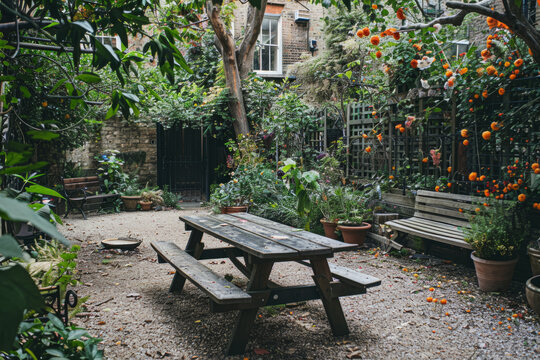 A quaint urban garden with a wooden picnic table at the center, surrounded by an abundant variety of potted plants, bushes, and fruit-bearing orange trees.
