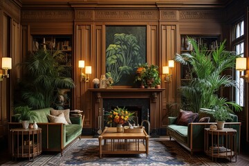 Intricate Moldings, Lush Greenery, and Rich Textiles: Art Deco Living Room Inspirations.