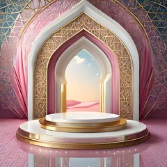 Product stage podium, white gold and pink color with light sparkle, abstract, luxury feel