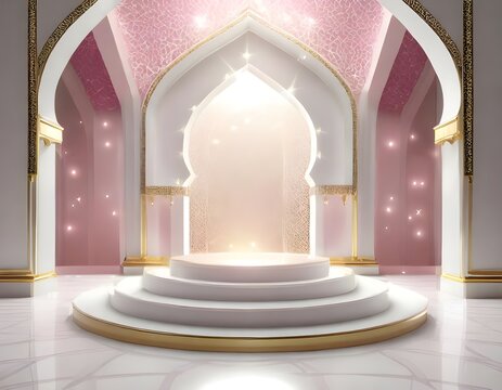 Product stage podium, white gold and pink color with light sparkle, marble floor, luxury feel