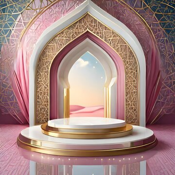 Product stage podium, white gold and pink color with light sparkle, abstract, luxury feel