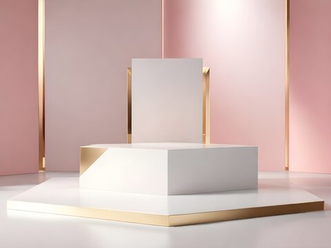 Minimalist 3D empty podium stage for product promotion advertising, with white pink gold color, luxury feel design