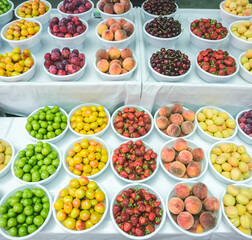 Fresh juicy fruits at Siab Bazaar in the ancient city of Samarkand in Uzbekistan, nictarine at Siyob bozor