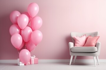 Pink balloons beside a stylish armchair and gifts. Elegant Pink Balloons and Armchair