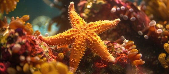 A detailed view of a starfish as it rests on the substrate of an aquarium. The starfishs body structure, texture, and coloration are clearly visible in the image. - obrazy, fototapety, plakaty