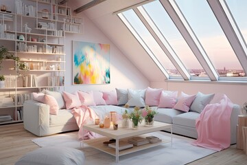 Bright Pastel Living Room in Luxurious Loft Apartment - Elegant Decor Showcase