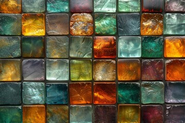 A wall of multicolored square glass bricks. Glass background