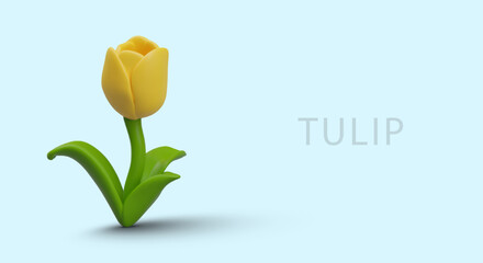 Yellow tulip on blue background. Welcome horizontal concept in realistic style