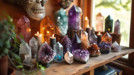 An array of reiki healing crystals and candles carefully arranged on a sacred altar for meditation.