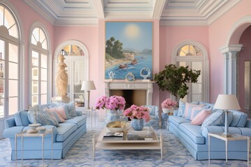 Fototapeta na wymiar Pastel Blue Mediterranean Villas: Bright Living Room Transformation