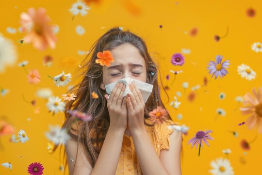 girl sneezing into handkerchief, on a yellow background, flying flowers around, concept spring, allergy