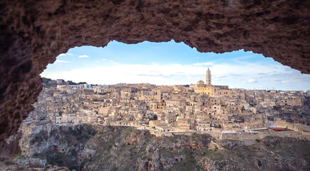 panoramic view of  Matera sassi from a cave, Italy