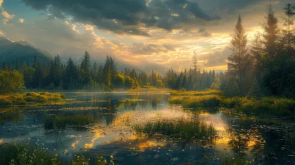 Foto op Plexiglas A serene landscape depicts a forested wetland with the sun setting behind mountains, casting a warm glow over the water and trees. © ChubbyCat