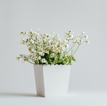 popcorn box with spring flowers growing inside, minimalist photo on a plain white background