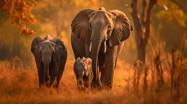 サバンナを散歩するゾウの親と子供と赤ちゃん